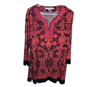 Peter Nygard Blouse Women's Large V-Neck Beaded Tunic 3/4 Sleeve Colorful